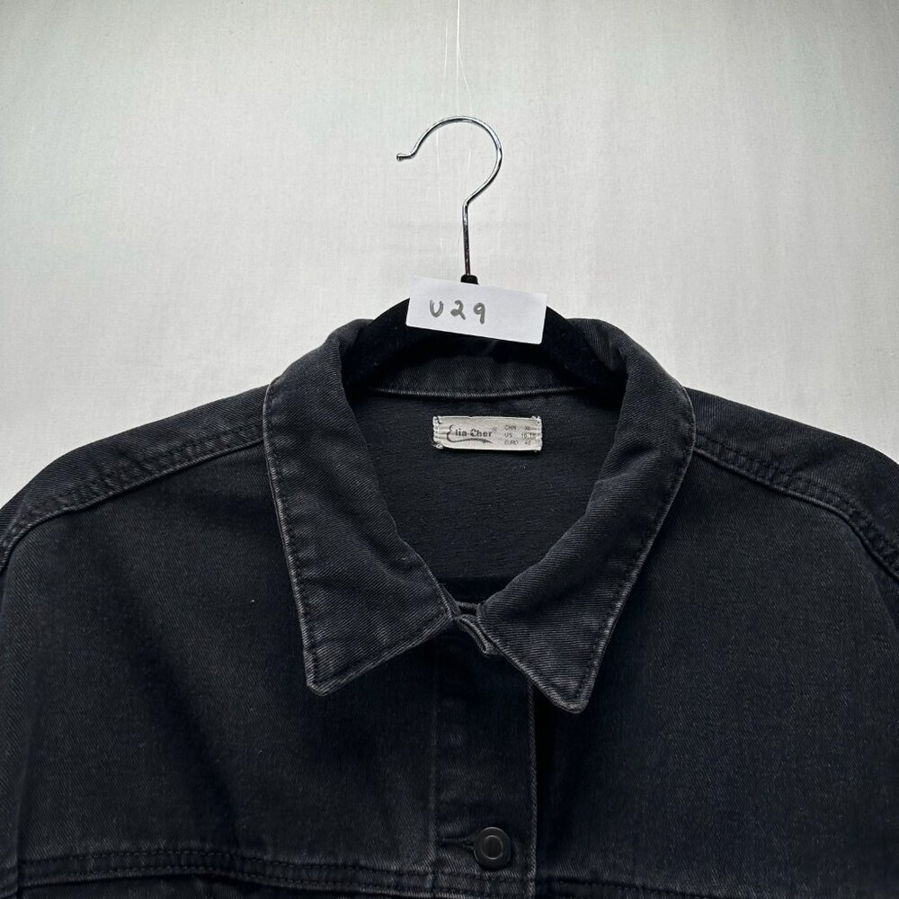 Elia Cher Cropped Denim Jacket Womens XL Pockets Frayed Hem Biker Grunge Black - Picture 13 of 13